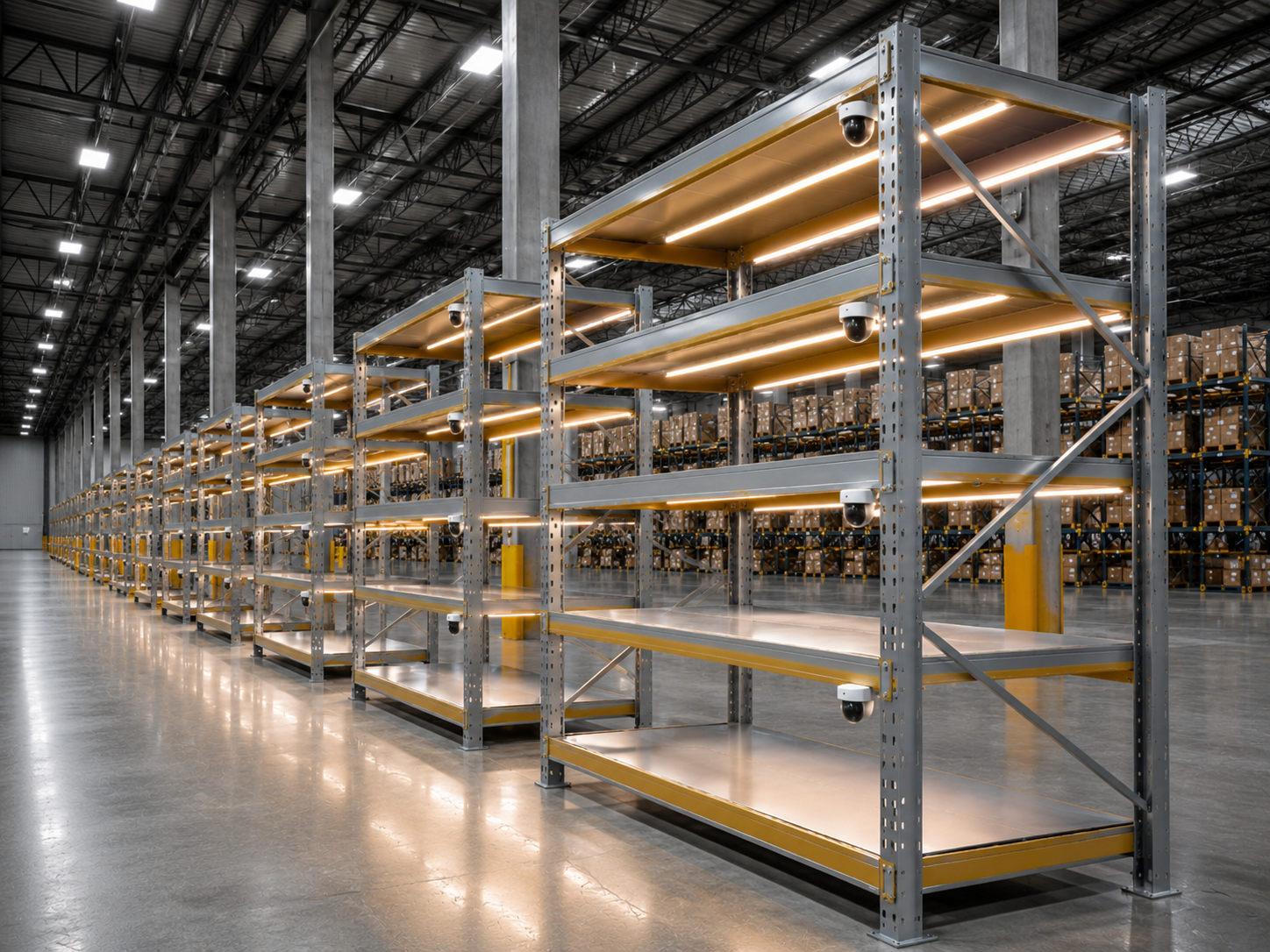 Sistema de racks tecnológicos con iluminación integrada y cámaras en entorno industrial de gran escala